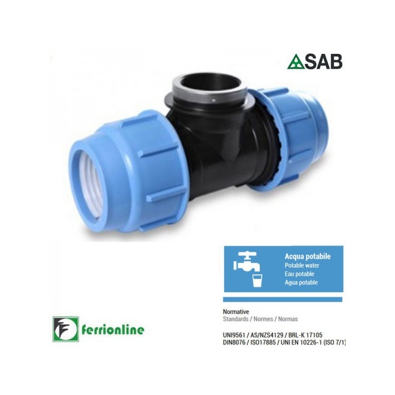 Tee ⌀32 x 1" x ⌀32 filetto femmina a compressione Blue Seal PN-16 Tee ⌀32 x 1" x ⌀32 filetto femmina a compressione Blue Seal PN-16